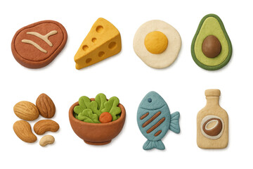 Clay food icons: healthy ingredients including cheese, eggs, and salad