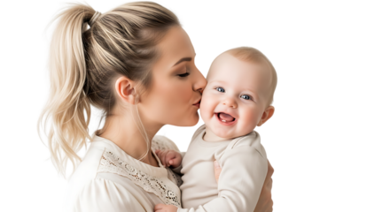 Loving Mother Kissing Smiling Baby on Transparent Background
