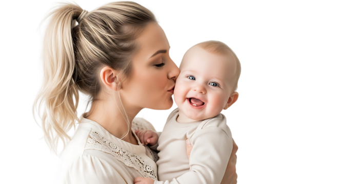 Loving Mother Kissing Smiling Baby on Transparent Background