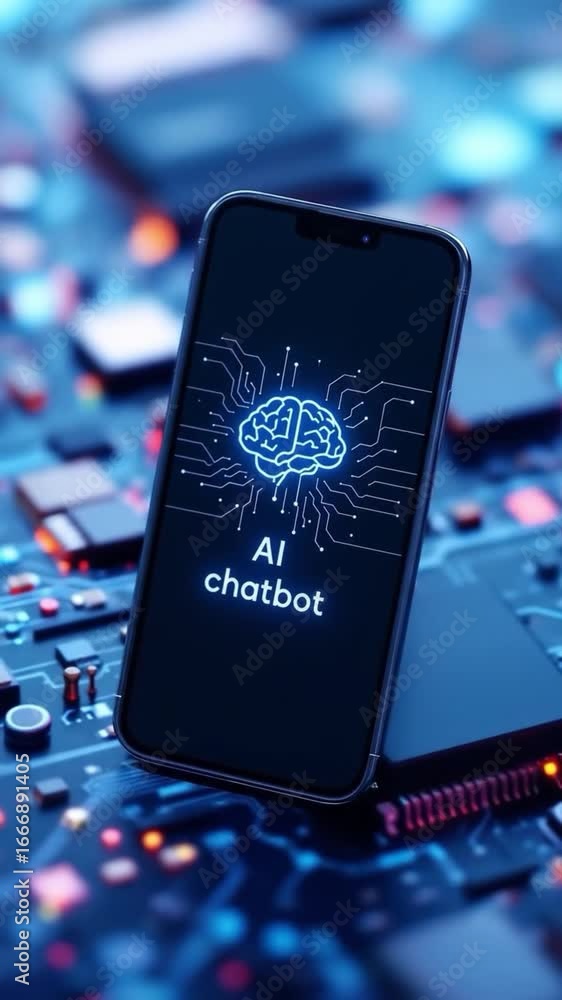 Poster conceptual ai chatbot displayed on a smartphone screen with circuitry design