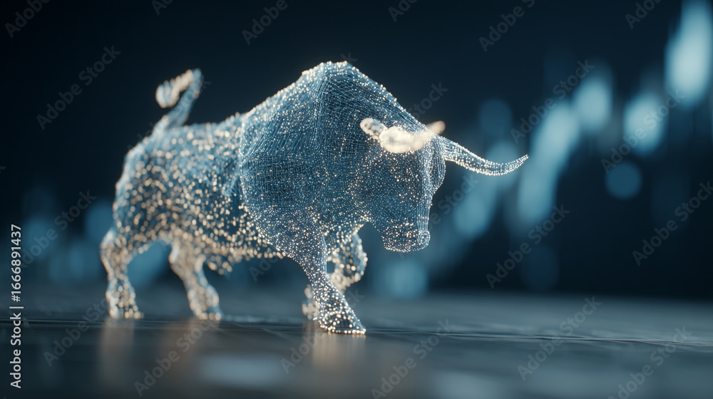 Poster digital bull representation with glowing particles and stock market graph background design