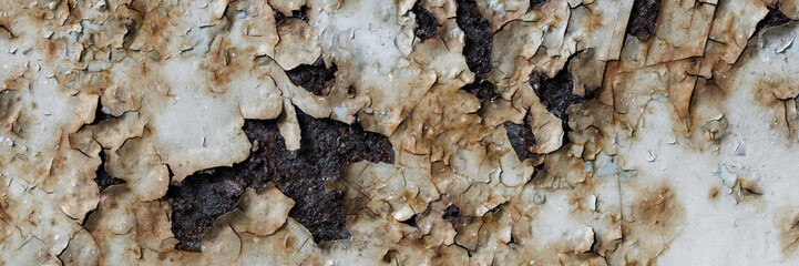 Texture of rusty metal with peeling paint. Rough metal surface with rust. Corroded and oxidized old...