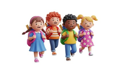 Four children walking together with backpacks, wearing colorful clothing, and carrying backpacks.