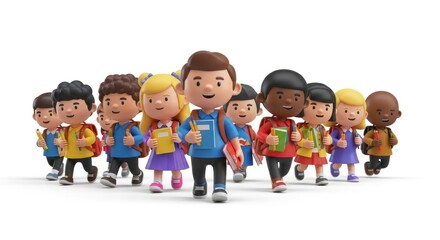A group of diverse children walking together in a line, wearing backpacks and carrying books, with a white background.