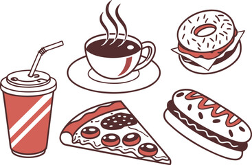 A delicious vector icon set of various food and drink, including coffee, cake, burgers, and sweet desserts for a cafe or restaurant menu illustration