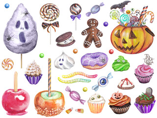 Watercolor sweets set. Halloween treats images. Candy bar. Candy corn lollipops. Cotton candy. Donuts and cupcakes. Trick or Treat.