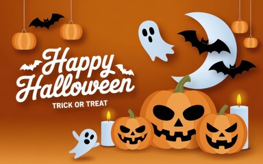 Fototapeta premium Festive Halloween illustration with jack o lanterns ghosts and moon