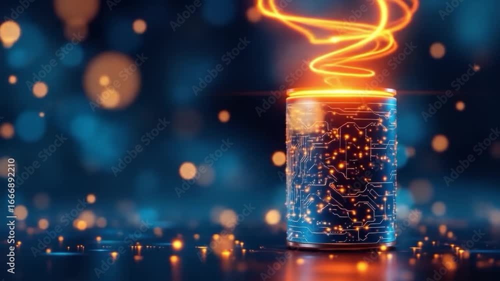 Poster digital circuitry energy cell with glowing light and bokeh background