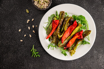 Grilled pepper salad roasted vegetables bbq meal tasty snack fresh delicious gourmet food background on the table rustic food top view copy space keto and paleo diet vegan and vegan food