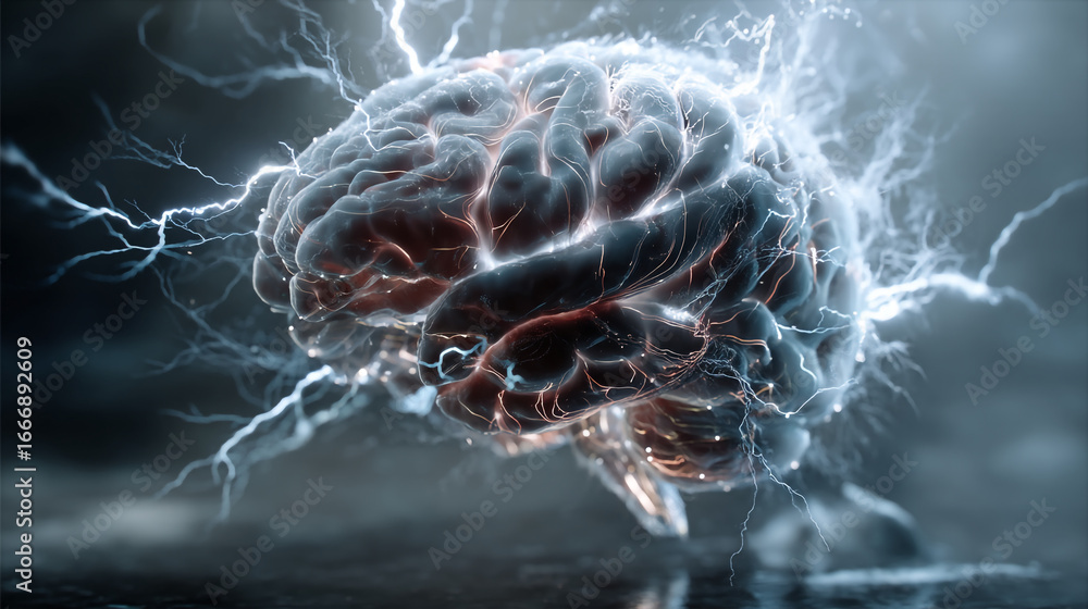 Poster human brain with lightning bolts emanating from it against a dark and cloudy background image art