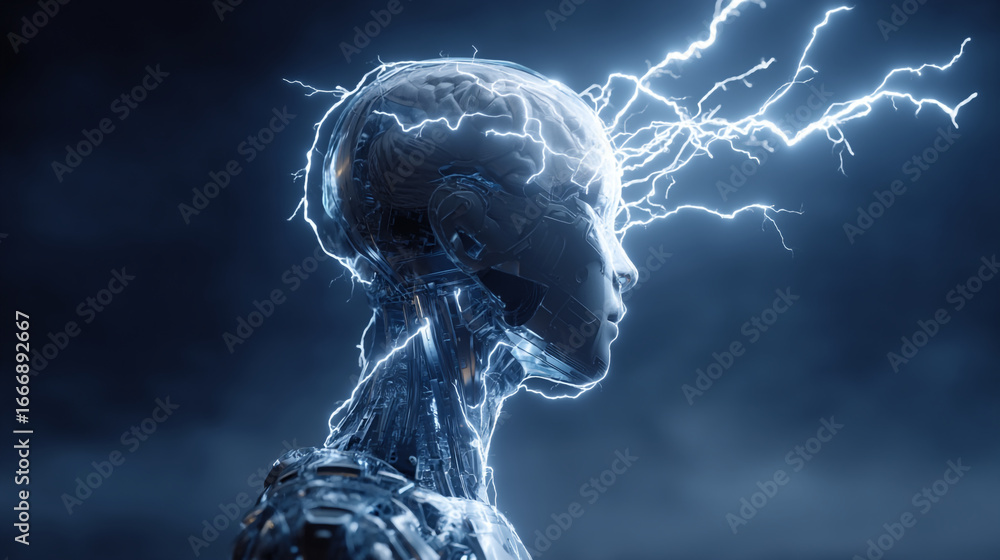 Aufkleber robotic figure with lightning emanating from the head against a dark cloudy background