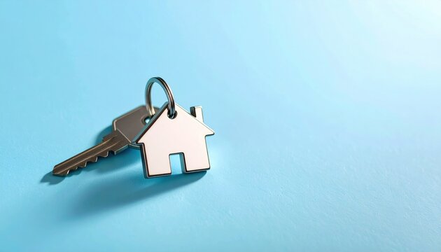 A house shaped keychain and silver key on a blue background signify home ownership, real estate, security, and personal property. Copy space - Powered by Adobe