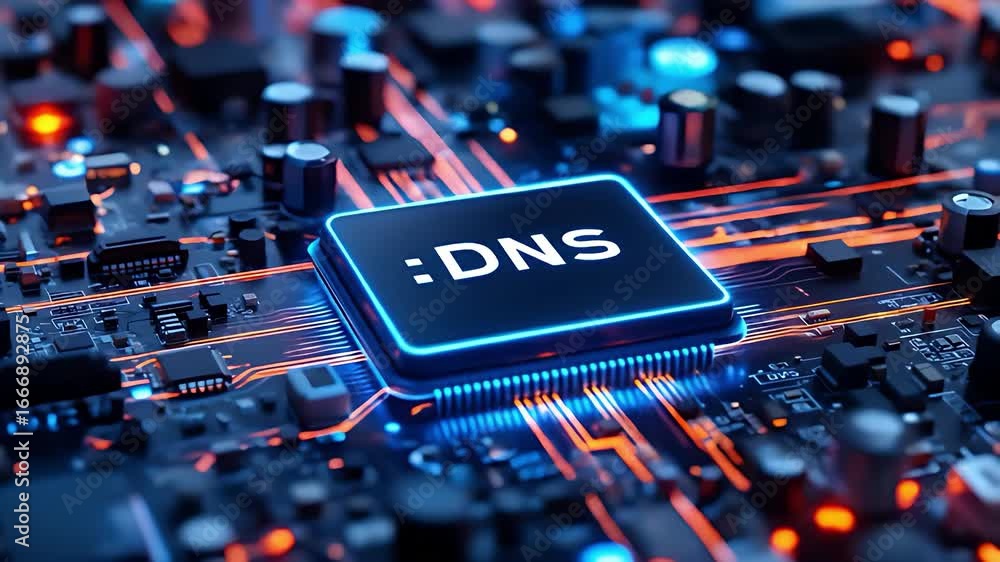 Poster dns server chip on circuit board illustrating technology and modern data processing
