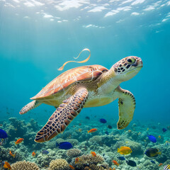Fototapeta premium AI-Generated image of a sea turtle swimming gracefully through a vibrant coral reef in crystal-clear emerald waters.