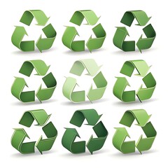 Fototapeta premium Nine green recycling symbols arranged in a grid on a white background