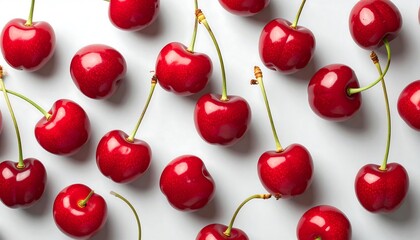 Ripe Cherries Flatlay with White Background.