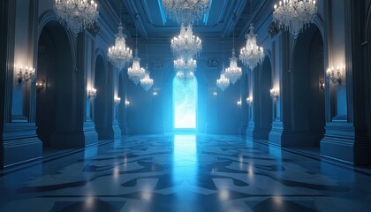 Grand ballroom interior features ornate crystal chandeliers, dark blue ambiance. Reflective marble floor intricate patterns. Tall columns, arched doorways define space, leading to bright, glowing