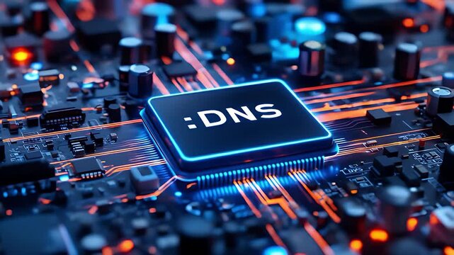 Dns server chip on circuit board illustrating technology and modern data processing