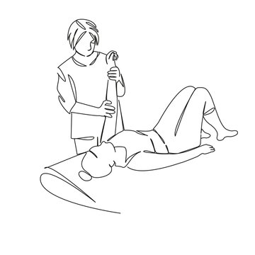One continuous single drawing line art flat doodle doctor, patient, care, hand, physical therapy, chiropractor, medicine, pain. Isolated image hand draw contour on a white background, hand drawn, not 