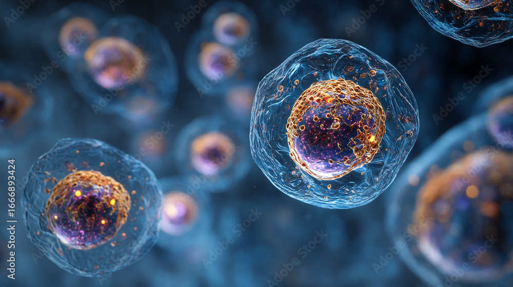 Poster microscopic view of cells with visible nuclei and translucent membranes in a blue environment