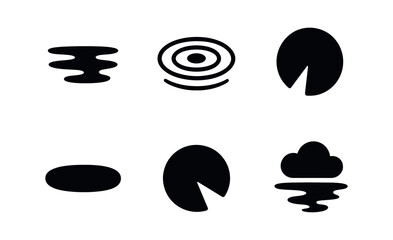 vector solid black filled icons tranquility (calm pond): water surface rings lily pad shadow smear highlight rim sky reflection.