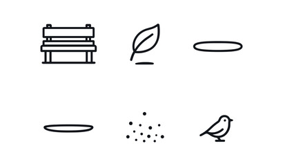 vector outline icons Empty nest phase (garden bench): bench icon leaf drift shadow smear highlight rim ground speck bird dot.