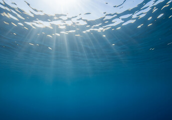 Underwater view of ocean with bubbles and sunlight rays