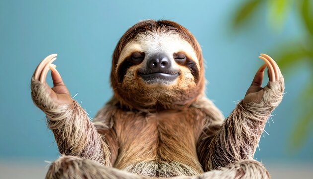 A meditating sloth conveys inner peace and mindfulness, serving as a metaphor for slowing down, relaxation, and the wellness trend in modern lifestyles