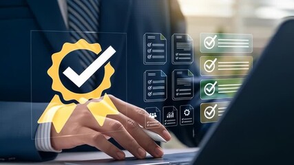 Businessperson using a digital tablet with approval and checklist icons - Powered by Adobe