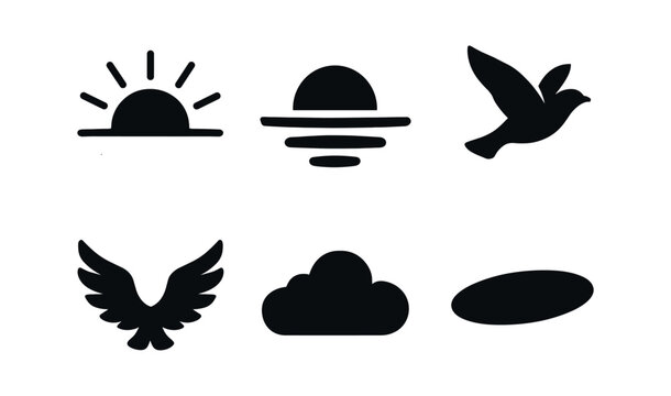 vector solid black filled icons hopefulness (sunrise beam): sun rays sky gradient bird flight open wings light haze shadow smear.