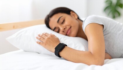 Woman peacefully sleeping with a smartwatch in a modern bedroom, representing sleep tracking, digital health, and the importance of rest in wellness technology