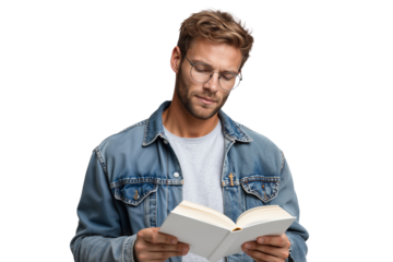 Handsome young man with glasses focused on reading a white book while wearing a denim jacket