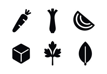 vector solid black filled icons soup ingredients set (vegetable mix): carrot stick celery rib onion wedge potato cube parsley sprig bay leaf.
