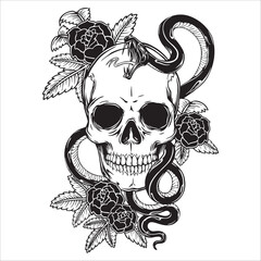 Skull With Snake And Roses Tattoo Art