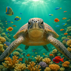 Obraz premium AI-Generated image of a sea turtle swimming head-on in clear turquoise waters, framed by vibrant coral reefs and surrounded by an array of tropical fish.