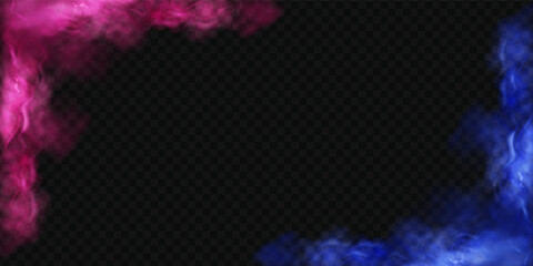 Realistic red and blue smoke clouds with neon glow on a black background, fog overlay effect for sport versus confrontation.
