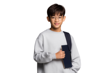 Young schoolboy with glasses smiling confidently, holding a book and wearing a backpack