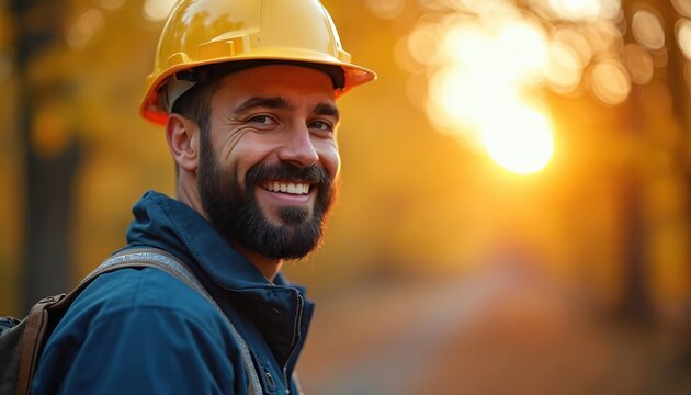 Smiling construction worker with yellow hard hat and blue uniform. Autumn scene with blurred yellow and orange foliage background. He wears a backpack, showing his dedication and hard work.