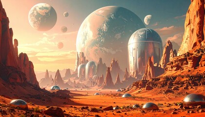 A futuristic colony with domes and towers spreads across a Martian desert under multiple planets, symbolizing human expansion, space travel and interplanetary civilization