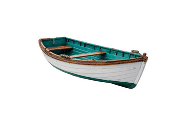 Small, empty rowboat featuring wooden seats and details, isolated on transparent background