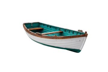 Small, empty rowboat featuring wooden seats and details, isolated on transparent background