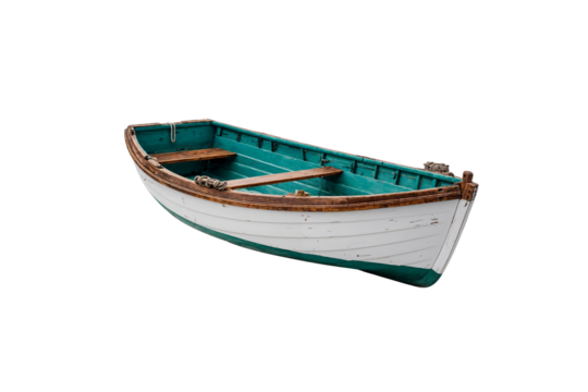 Small, empty rowboat featuring wooden seats and details, isolated on transparent background - Powered by Adobe