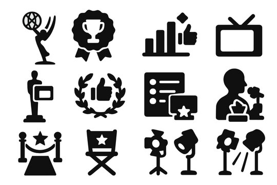 TV Awards Icons. Solid style icons of TV awards and recognition: Emmy trophy, best show badge, viewership rating chart, critic's