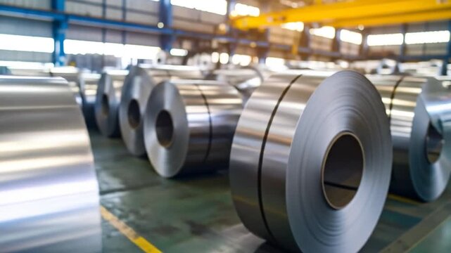 Close Up of Rolled Steel Coils in a Factory with Warm Lighting on Green Floor Under a Blue and Yellow Structure