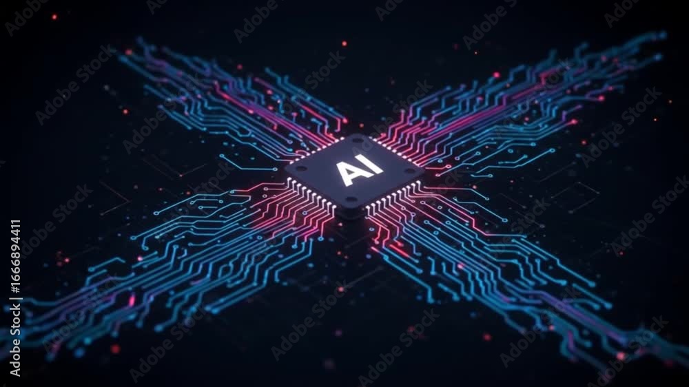 Poster futuristic ai chip animation with glowing circuits for technology and innovation concepts
