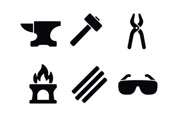 vector solid black filled icons craft training (metalwork): anvil hammer tongs forge metal rods safety goggles.