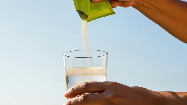 Pouring Powder into Water: Hydration and Wellness in the Sunlit Sky, Adding Health Supplement Powder to Water on a Bright Day