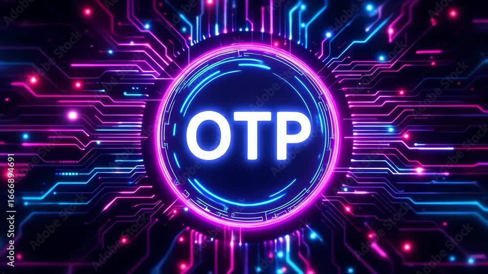 Poster glowing animated otp text with circuit board lines digital security concept