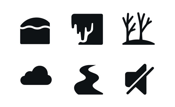 vector solid black filled icons escarpment (winter): snow layer icy edge bare trees gray sky stream silence.