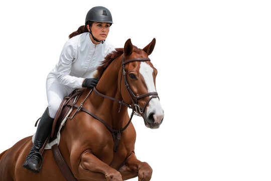 Focused female equestrian in white attire and helmet riding a striking chestnut horse with a white blaze during a show jumping event
